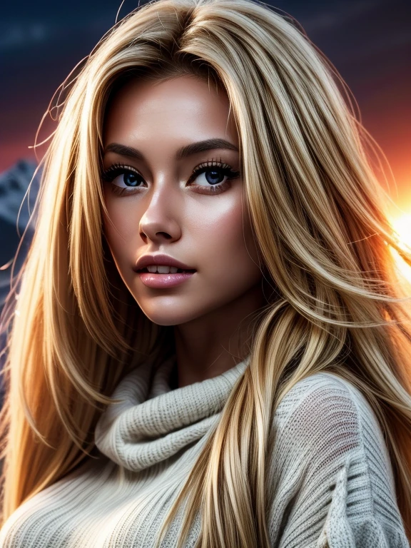 Foreground: a gorgeous woman (Cristy Ren), wet blond wavy hair in the wind. she's a men magazine model, She has a subtle smile and flirts with the camera, (she wears a knitted sweater 1.2), background landscape of mountainious lake with trees, (in sunset light:1.2), , perfect eyes, perfect hands, perfect body, perfect hair, perfect large breast, hair behind ear, UHD, retina, masterpiece, accurate, anatomically correct, textured skin, super detail, high details, high quality, award winning, best quality, highres, 16k, 8k, huge breasts, enormous breasts, gigantic breats, blond hair, blond hair, 