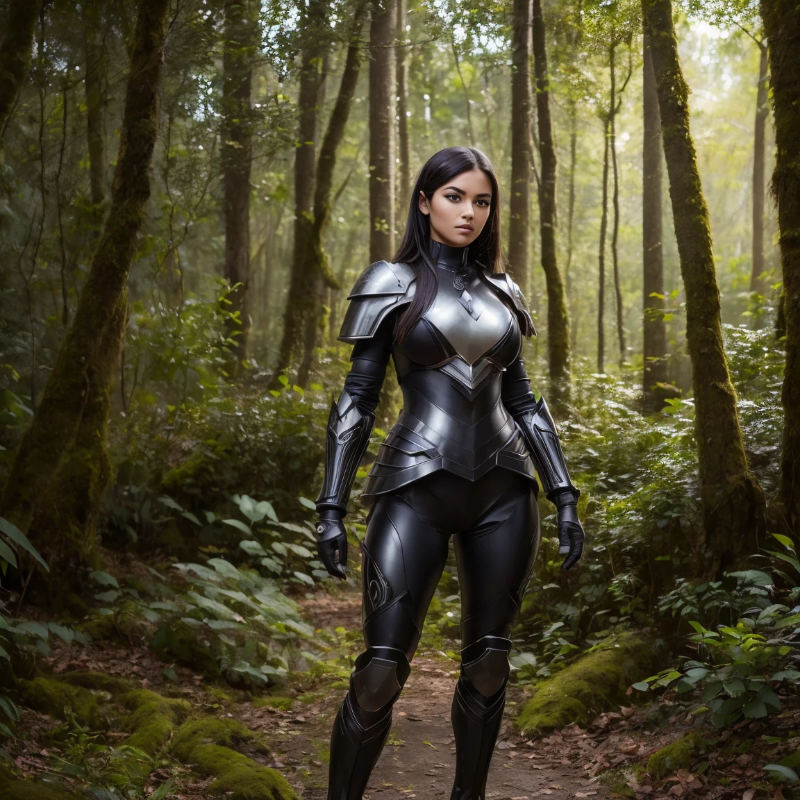 a sserafimsakura woman, sensuality, perfect eyes, (ultra realistic:1.5), (standing in forest:1.2), (full body shot:1.5), (black paladin armor:1.2), (intricate:1.2), (looking at camera:1.2), (best quality:1.2), 