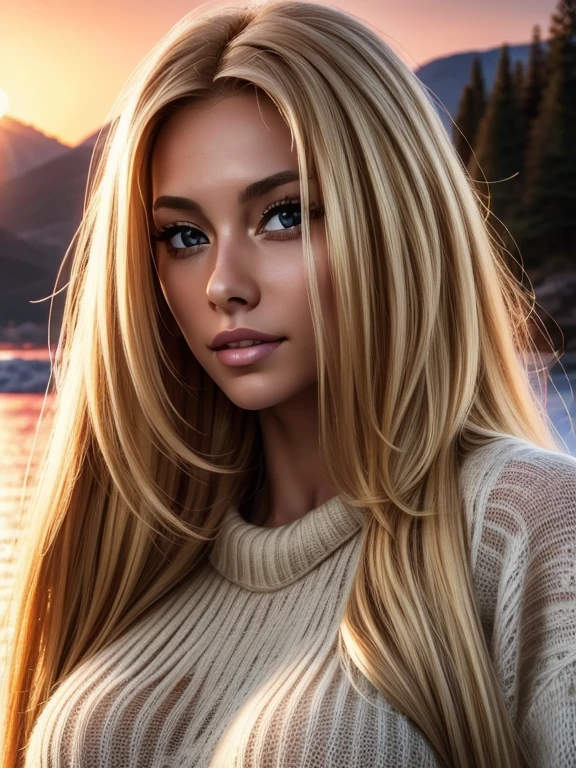 Foreground: a gorgeous woman (Cristy Ren), wet blond wavy hair in the wind. she's a men magazine model, She has a subtle smile and flirts with the camera, (she wears a knitted sweater 1.2), background landscape of mountainious lake with trees, (in sunset light:1.2), , perfect eyes, perfect hands, perfect body, perfect hair, perfect large breast, hair behind ear, UHD, retina, masterpiece, accurate, anatomically correct, textured skin, super detail, high details, high quality, award winning, best quality, highres, 16k, 8k, huge breasts, enormous breasts, gigantic breats, blond hair, blond hair, 