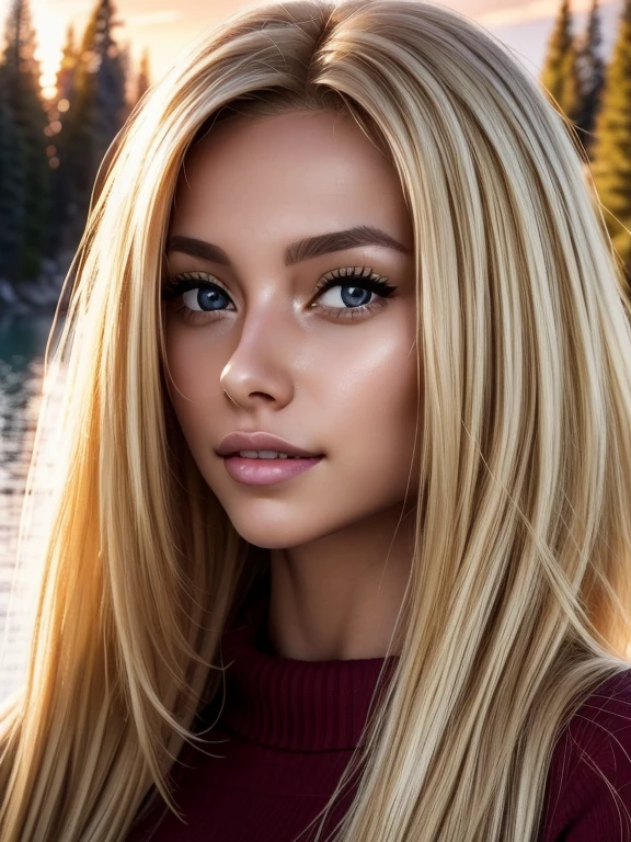 Foreground: a gorgeous woman (Cristy Ren), wet blond wavy hair in the wind. she's a men magazine model, She has a subtle smile and flirts with the camera, (she wears a knitted sweater 1.2), background landscape of mountainious lake with trees, (in sunset light:1.2), , perfect eyes, perfect hands, perfect body, perfect hair, perfect large breast, hair behind ear, UHD, retina, masterpiece, accurate, anatomically correct, textured skin, super detail, high details, high quality, award winning, best quality, highres, 16k, 8k, huge breasts, enormous breasts, gigantic breats, blond hair, blond hair, 