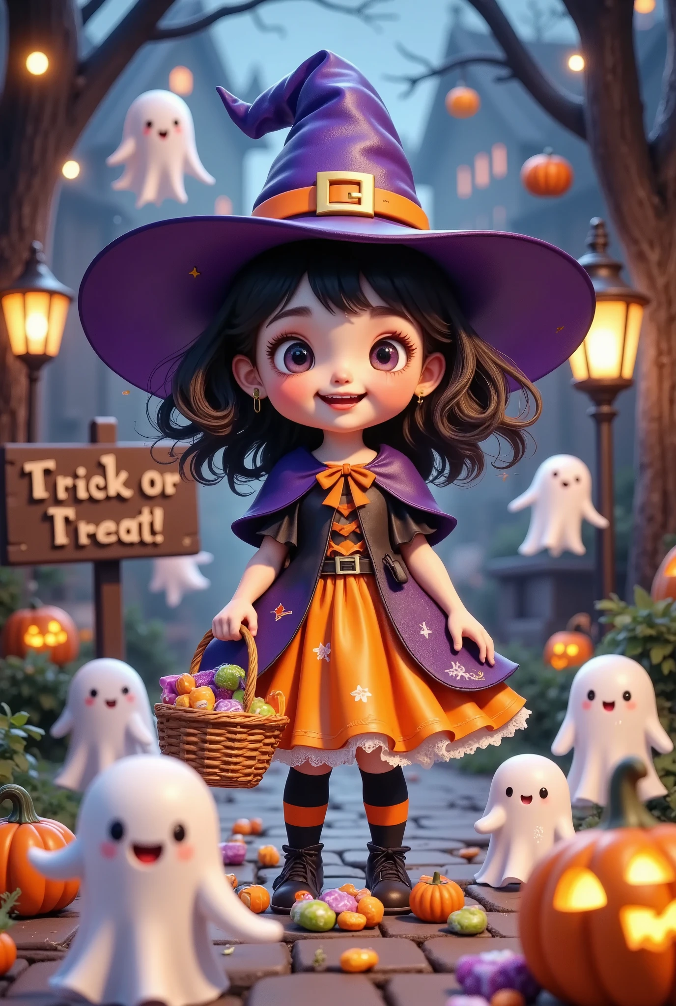 Halloween theme: cute little witch,Halloween theme,Carrying a candy basket in hand ,Candy and ghosts on the ground,3d,Model character,There is a wooden sign behind him that reads "Trick or treat" in the style of Don Blanding