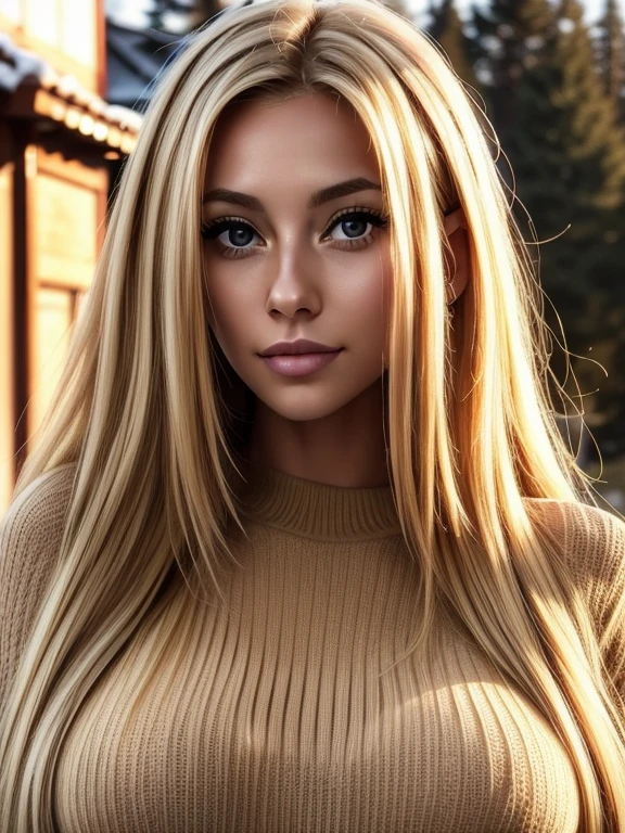 Foreground: a gorgeous woman (Cristy Ren), wet blond wavy hair in the wind. she's a men magazine model, She has a subtle smile and flirts with the camera, (she wears a knitted sweater 1.2), background landscape of mountainious lake with trees, (in sunset light:1.2), , perfect eyes, perfect hands, perfect body, perfect hair, perfect large breast, hair behind ear, UHD, retina, masterpiece, accurate, anatomically correct, textured skin, super detail, high details, high quality, award winning, best quality, highres, 16k, 8k, huge breasts, enormous breasts, gigantic breats, blond hair, blond hair, whole body visible, breasts visible, whole body visibel