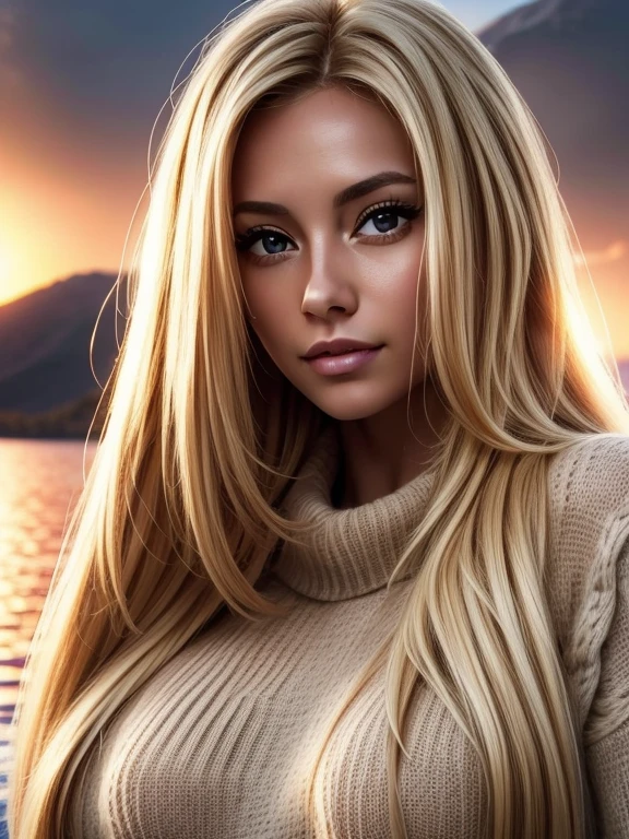 Foreground: a gorgeous woman (Cristy Ren), wet blond wavy hair in the wind. she's a men magazine model, She has a subtle smile and flirts with the camera, (she wears a knitted sweater 1.2), background landscape of mountainious lake with trees, (in sunset light:1.2), , perfect eyes, perfect hands, perfect body, perfect hair, perfect large breast, hair behind ear, UHD, retina, masterpiece, accurate, anatomically correct, textured skin, super detail, high details, high quality, award winning, best quality, highres, 16k, 8k, huge breasts, enormous breasts, gigantic breats, blond hair, blond hair, whole body visible, breasts visible, whole body visibel