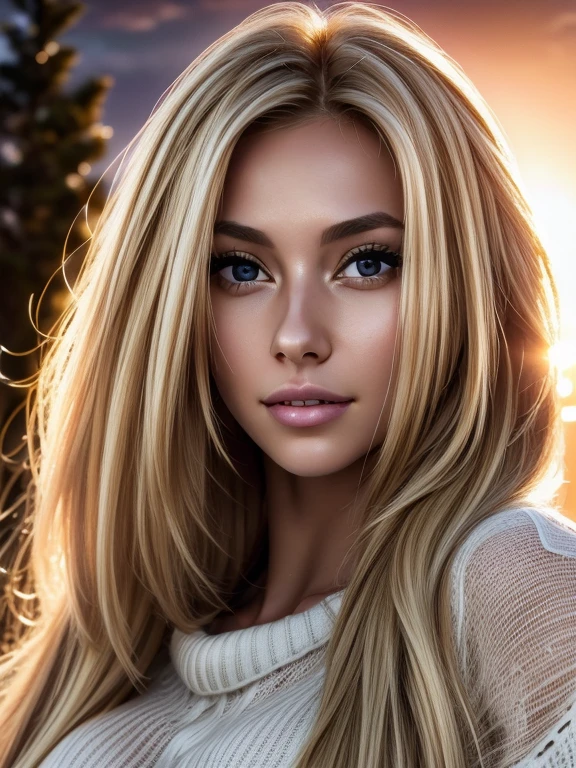 Foreground: a gorgeous woman (Cristy Ren), wet blond wavy hair in the wind. she's a men magazine model, She has a subtle smile and flirts with the camera, (she wears a knitted sweater 1.2), background landscape of mountainious lake with trees, (in sunset light:1.2), , perfect eyes, perfect hands, perfect body, perfect hair, perfect large breast, hair behind ear, UHD, retina, masterpiece, accurate, anatomically correct, textured skin, super detail, high details, high quality, award winning, best quality, highres, 16k, 8k, huge breasts, enormous breasts, gigantic breats, blond hair, blond hair, whole body visible, breasts visible, whole body visibel