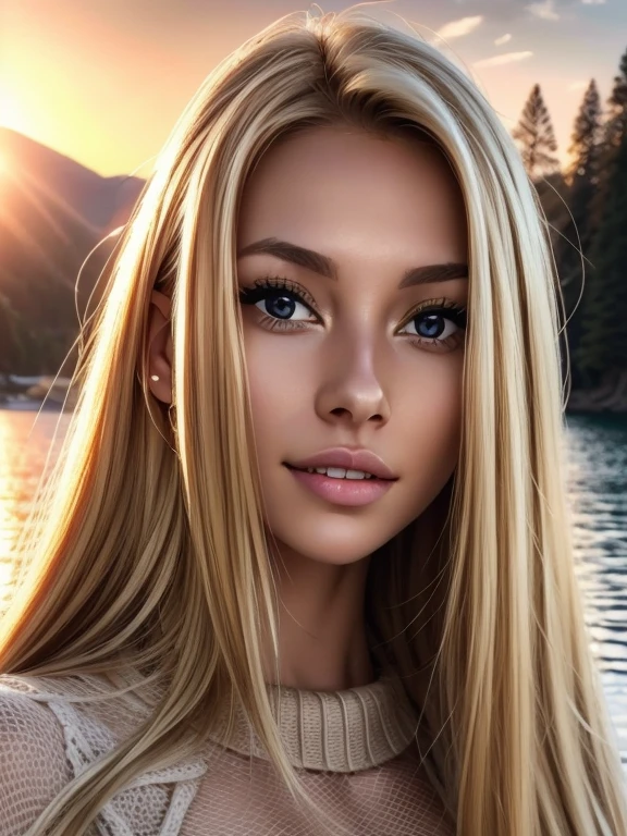 Foreground: a gorgeous woman (Cristy Ren), wet blond wavy hair in the wind. she's a men magazine model, She has a subtle smile and flirts with the camera, (she wears a knitted sweater 1.2), background landscape of mountainious lake with trees, (in sunset light:1.2), , perfect eyes, perfect hands, perfect body, perfect hair, perfect large breast, hair behind ear, UHD, retina, masterpiece, accurate, anatomically correct, textured skin, super detail, high details, high quality, award winning, best quality, highres, 16k, 8k, huge breasts, enormous breasts, gigantic breats, blond hair, blond hair, whole body visible, breasts visible, whole body visibel