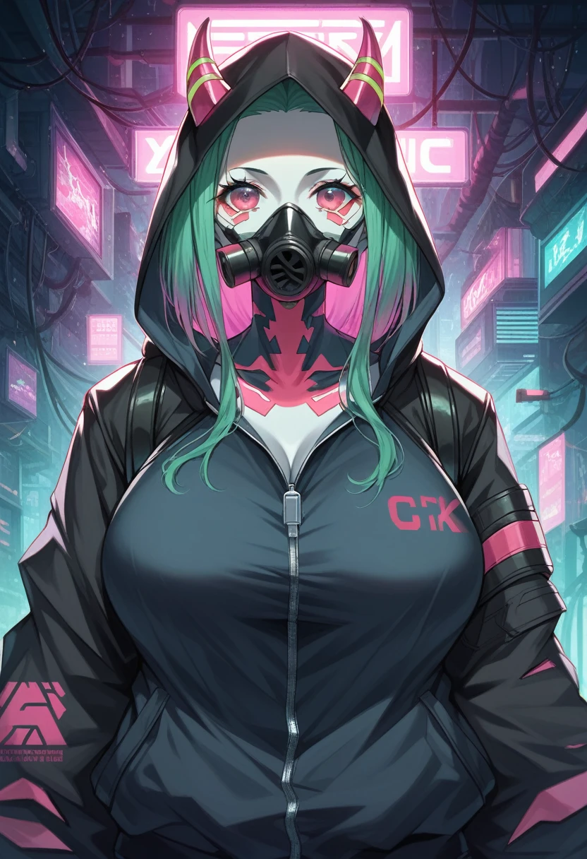 score_9, score_8_up, score_7_up, looking at viewer, jacket, upper body, horns, hood, pink eyes, black jacket, mask, glowing, hooded jacket, hood up, zipper, cable, leather, gas mask, cyberpunk, tube, cyberpunk anime art, cyberpunk anime woman, best konachan 4k anime wallpaper, mech cyberpunk anime woman, cyberpunk anime woman, cyberpunk anime art, 4k anime style, digital cyberpunk anime art, anime woman cyberpunk with hoodie, 4k anime wallpaper, 4k anime wallpaper, cyberpunk anime, huge breasts 