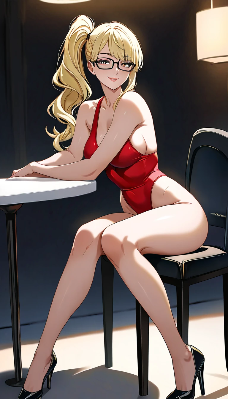   photo of a blonde woman wearing black-rimmed glasses ,Blonde hair ( side ponytail ),   Look at the observer  ,  bright lips  , very sexy,  Sitting at the table ,  sensual smile ,  long hair, Show your thighs  ,red swimsuit, Abused,black heel shoe , dynamic pose High Definition , global illumination,perfect anatomy,
