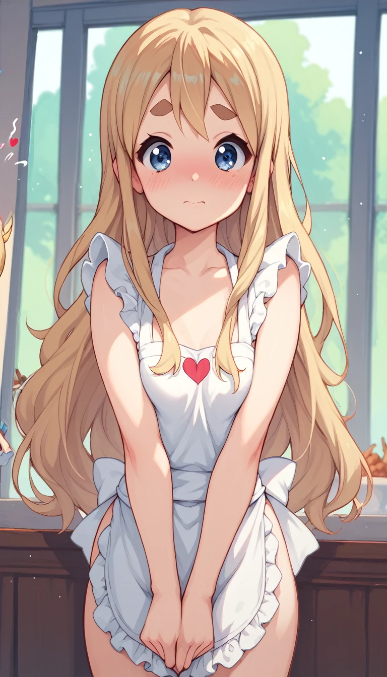 tsumugi kotobuki, long hair, blue eyes, blonde hair, thick eyebrows, small breasts, posing embarrassed, red face, Suspender Naked Apron, BlushySpicy, V-arms 