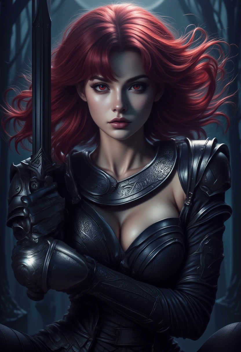 score_9, score_8_up, score_7 , Arafed, dark fantasy art, gothic art, a picturק of a vampire ready for battle, female vampire, red hair, (glowing eyes: 1.3), (vampire fangs: 1.3), armed with a silver sword, wearing heavy armor , armed with a sword, shining sword, ultra detailed face (intricate detailed, Masterpiece, best quality: 1.4), pale skin, glowing eyes, red eyes, ultra feminine, pale skin, dynamic hair, dark fantasy urban street (intricate detailed, Masterpiece, best quality: 1.4), moon light, star light, clouds, ral-ertmsphr, hyp3rd3tail style