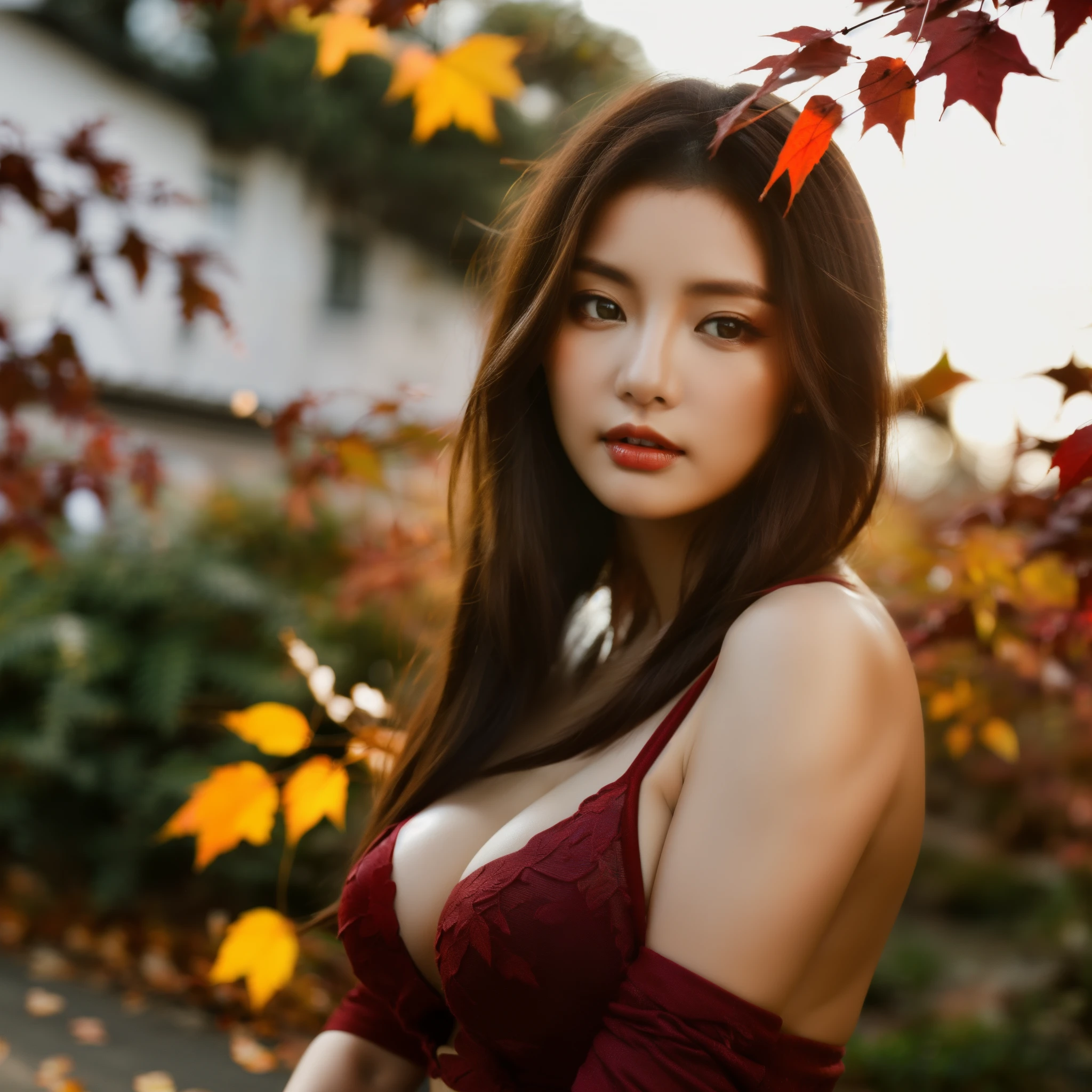 ((Best Quality, 16k, masterpiece: 1.3)), (Beauty, big: 1.2,  slim abs : 1.2、 Portrait ), (big breast, red leaves: 1.4)、( super detailed faces on a mountain road at night , highly detailed lips, Detailed eyes,  double eyelids ), (Westerners、White、 European、 blue eyes ), 1 female, autumn leaves