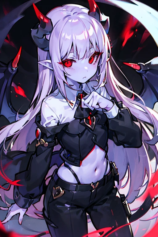  demon woman、Flat chest、White buttoned shirt、Black Bottoms、(Black sclera)、 Red Eyes