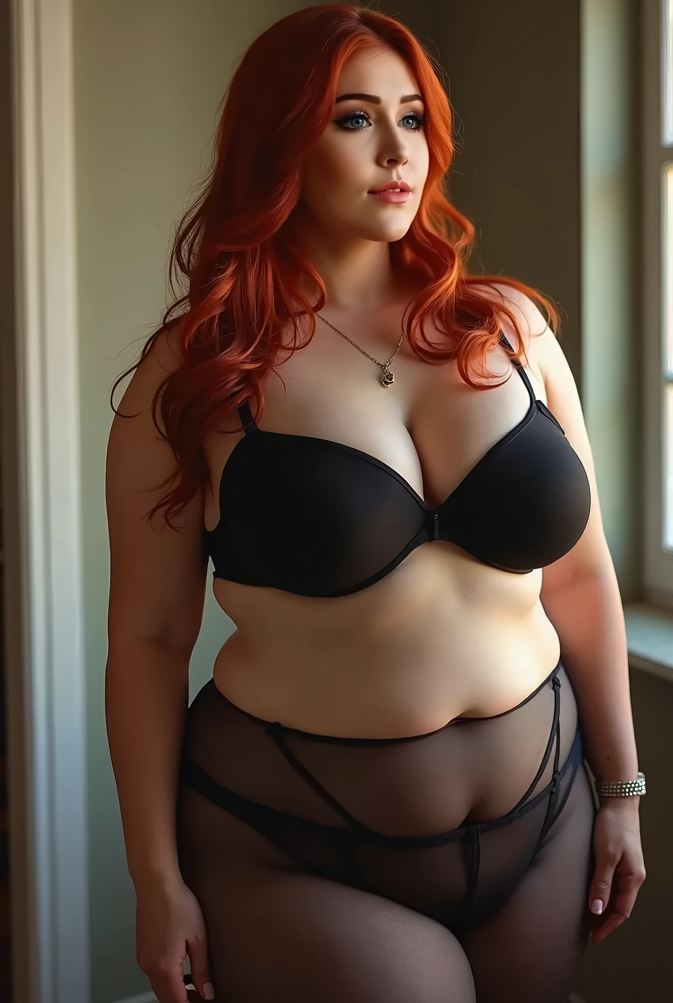 chubby woman with big ass , long red hair, WHITE TIGHTS and black underwear,legs apart,with her back to the camera showing her butt while sitting on the bed