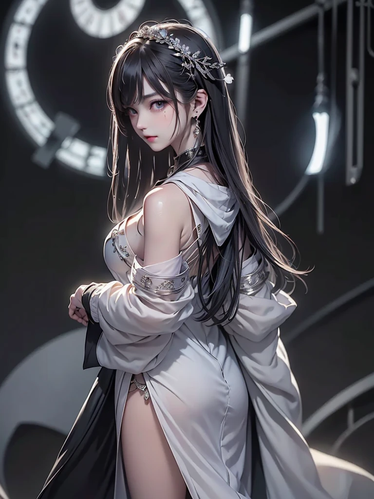 、masterpiece:1.5, bestquality, 1girl, classic girl, classic, Mechanical decoration、A face with cold beauty、Cold Face, detailed eyes、Beautiful shoulders、Solemn atmosphere、small breasts, beautiful eyes, Heavy cloak、Huge pipe organ、look up、backlighting, back ground:dark world. from behind.
