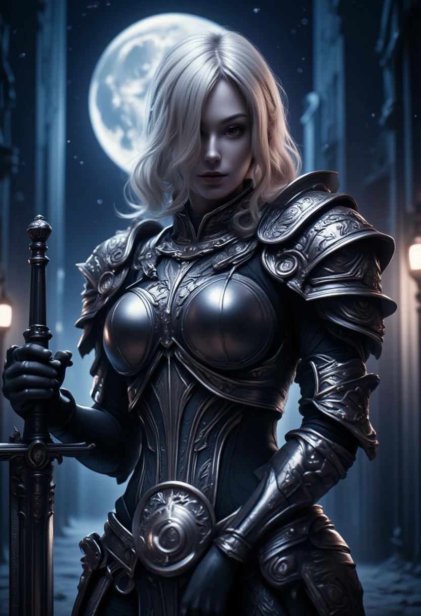 score_9, score_8_up, score_7 , Arafed, dark fantasy art, gothic art, a picture of a vampire ready for battle, female vampire, blond hair, (glowing eyes: 1.3), (vampire fangs: 1.3), armed with a silver sword, wearing heavy armor , armed with a sword, shining sword, ultra detailed face (intricate detailed, Masterpiece, best quality: 1.4), pale skin, glowing eyes, red eyes, ultra feminine, pale skin, dynamic hair, dark fantasy urban street (intricate detailed, Masterpiece, best quality: 1.4), moon light, star light, clouds, ral-ertmsphr, hyp3rd3tail style