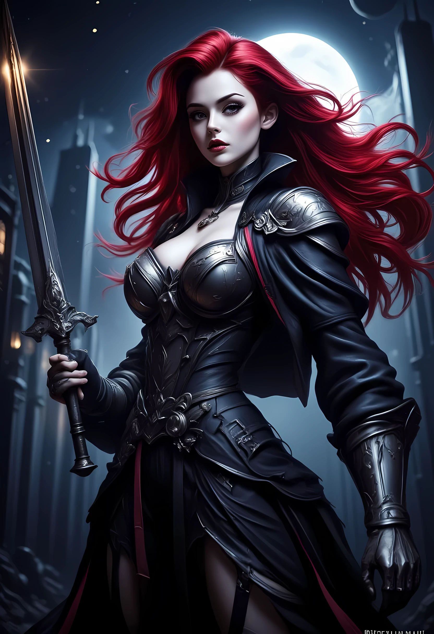 score_9, score_8_up, score_7 , Arafed, dark fantasy art, gothic art, a picturק of a vampire ready for battle, female vampire, red hair, (glowing eyes: 1.3), (vampire fangs: 1.3), armed with a silver sword, wearing heavy armor , armed with a sword, shining sword, ultra detailed face (intricate detailed, Masterpiece, best quality: 1.4), pale skin, glowing eyes, red eyes, ultra feminine, pale skin, dynamic hair, dark fantasy urban street (intricate detailed, Masterpiece, best quality: 1.4), moon light, star light, clouds, ral-ertmsphr, hyp3rd3tail style