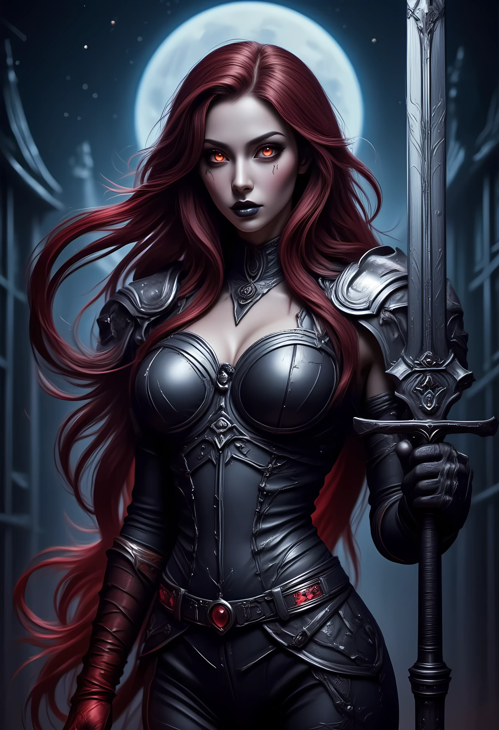 score_9, score_8_up, score_7 , Arafed, dark fantasy art, gothic art, a picturק of a vampire ready for battle, female vampire, red hair, (glowing eyes: 1.3), (vampire fangs: 1.3), armed with a silver sword, wearing heavy armor , armed with a sword, shining sword, ultra detailed face (intricate detailed, Masterpiece, best quality: 1.4), pale skin, glowing eyes, red eyes, ultra feminine, pale skin, dynamic hair, dark fantasy urban street (intricate detailed, Masterpiece, best quality: 1.4), moon light, star light, clouds, ral-ertmsphr, hyp3rd3tail style