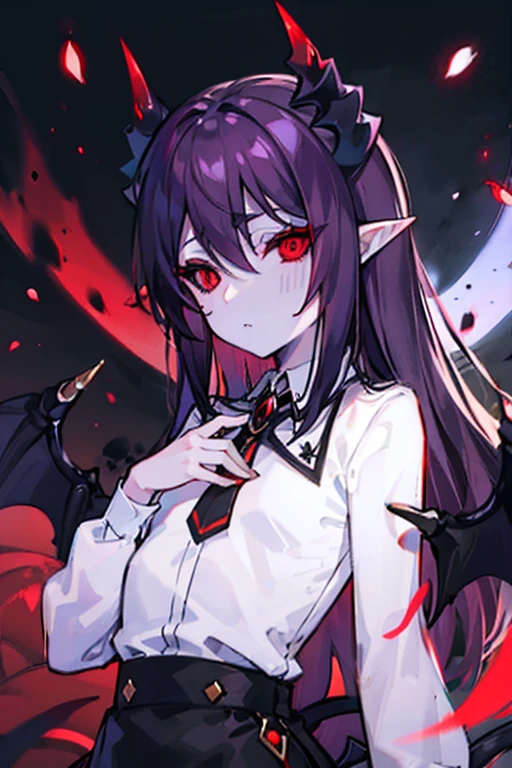  demon woman、Flat chest、White buttoned shirt、clear、Black Bottoms、(Black sclera)、 Red Eyes