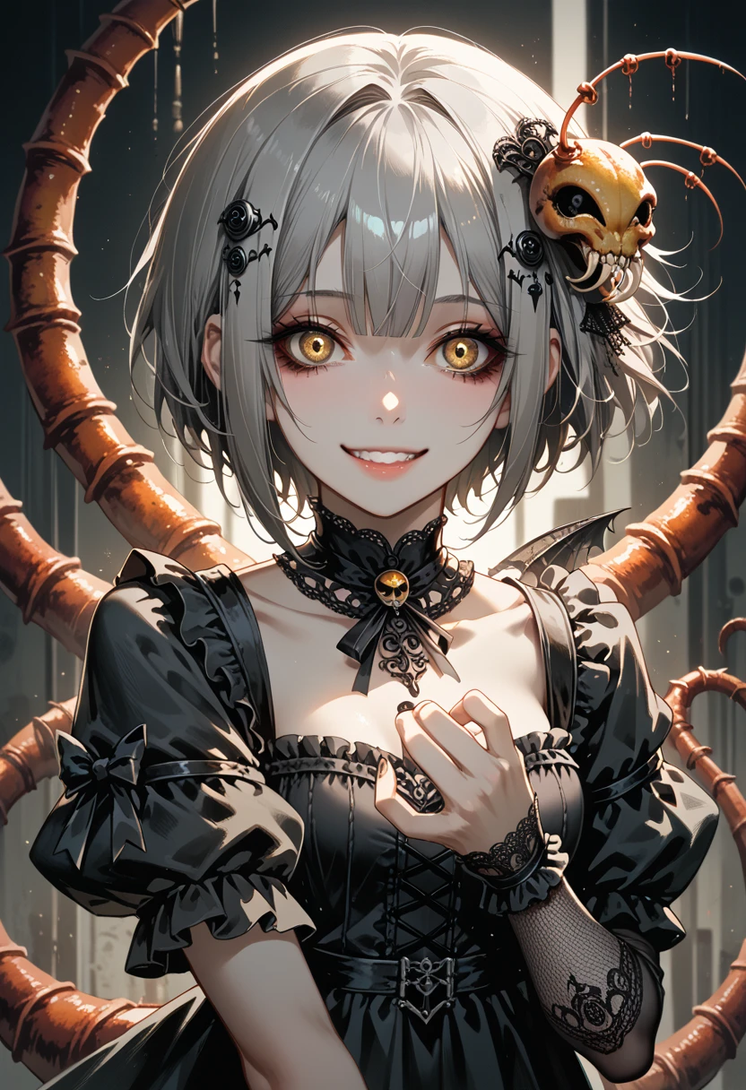 A girl with a scorpion tail. gothic dress. Her one hand becomes a scorpion's claw. Gray hair. short hair. Yandere Smile. yellow eyes hair ornament in her hair. mucus.