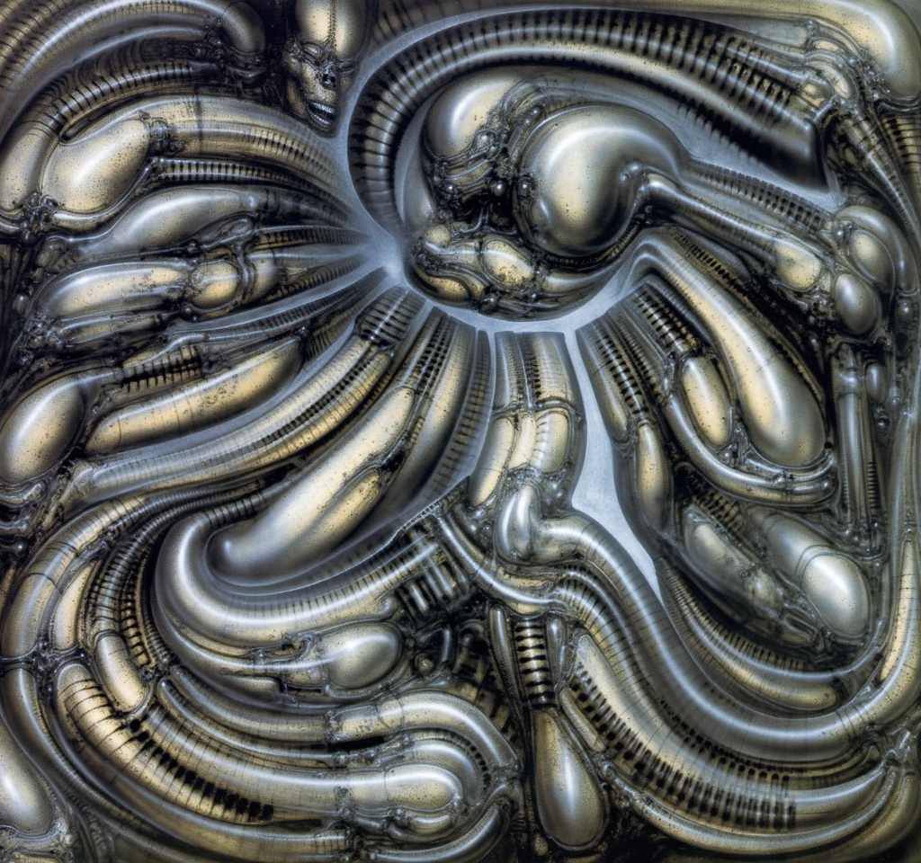 H. R. Giger's g1g3r, , Giger_style, The image is a detailed view of H.R. Giger's \" NECRONOM  IV \" plate, featuring HRGGR, H.R. GIGER, 

 It's a complex network of bones and organs in eldritch color scheme:a greenish-brown hue ,swirling gery and brown colors. The artwork is silverish and green brown, with an ivory bones prominently displayed. The image is highly detailed and intricate, almost like a 3d version of a medical sketchwork.   
The piece is a tableau, most likely created with a India ink pen or pencil on paper, determined by the thin lines, shading techniques, and the texture of the paper, which is visible around the edges.
Used is pen, given the shading and variations in line weight visible in the image. Artist have used a variety of stylus with different degrees of hardness to achieve the shading effects.
 The use of undersaturated green-grays dark contrasts creates a stark and graphic look. Is used a variety of linework techniques to create different textures. Fine, parallel lines create a smooth, metallic texture,while thicker, more cursive lines suggest cables or wires.
Light source from the top highlights skeletals, pper part of foreground, lower part of image is in shadowupper part of foreground, lower part of image is in shadow.
, (Triadic:1.1), (Proportion:1.1),  , (Reflected light:1.2), Parchment, , ultra detailed, intricate,, dry b (best quality:1.4), H.R. GIGER,  BY GIGER