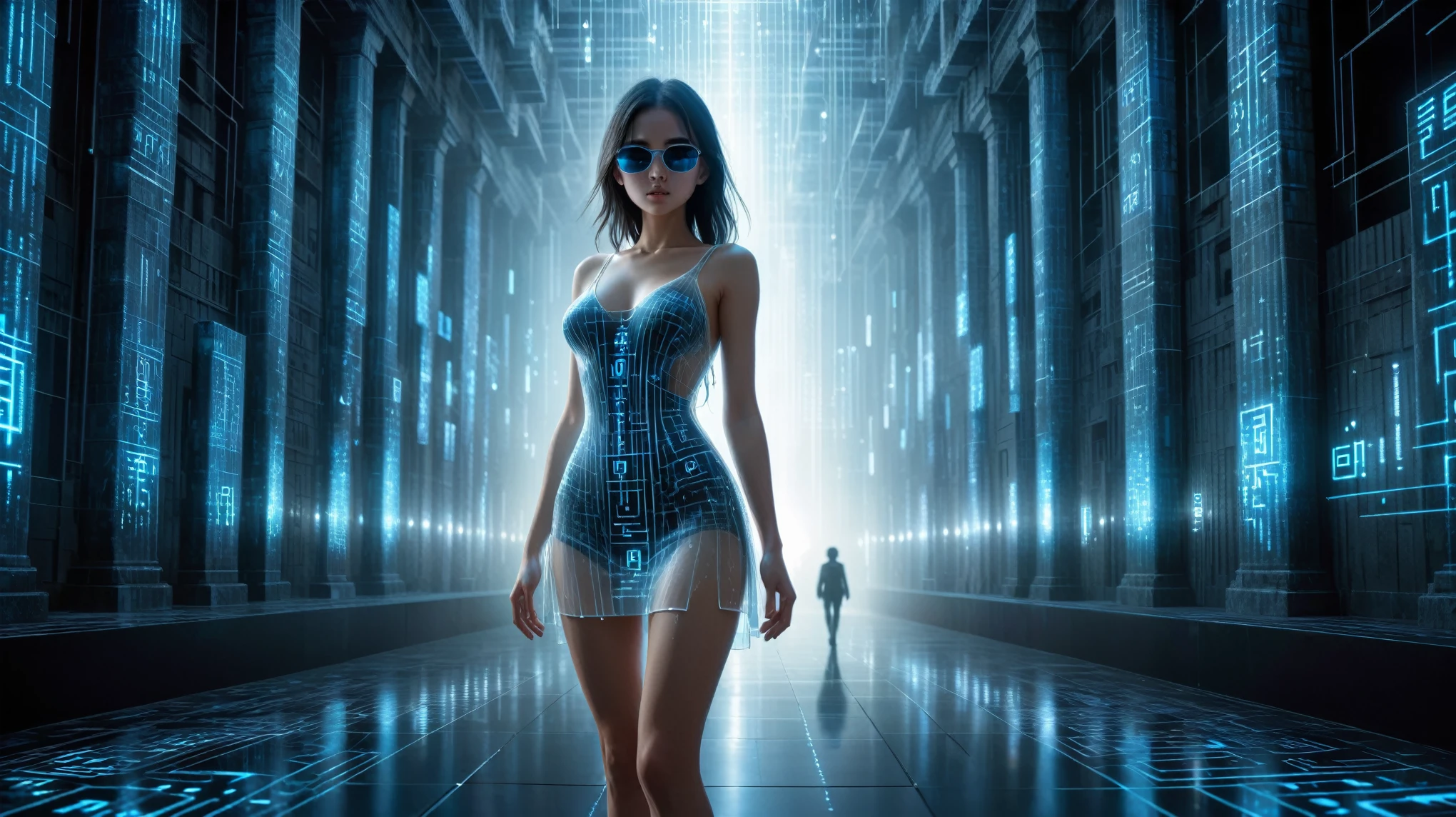 (Wide and low angle view). Ryoji Ikeda Style, High quality 3d background in matrix style, a simple outlined transparent maze mysterious city with a giant clock-like sci-fi glowing time travelling machine, pillars. Everything is entirely made out of streams of matrix code, miniscule luminating bright blue Japanese katakana symbols, single digit numbers and special characters like colons and dashes, epic royal background, symmetrical, Greg Rutkowski, Charlie Bowater, Beeple, Unreal 5, hyper realistic, dynamic lighting, fantasy art. A woman, (wearing a transparent:0.8 ivory flowing stunning sleeveless sling backless deep-v one-piece short:0.1 loose princess dress), in dark background, futuristic flying vehicle. (1girl, solo, alone), photorealistic, large-breast:1.4 slim:0.5 body, (detailed oval:0.4 face, strong light on face), side boob, cleavage:1.1, (white laced G-string micro panty, upskirt), (Matrix style black micro sunglasses), ((aiming the viewer with a short:0.5 gun, looking at camera, dynamic hip-up running pose, (half-body thigh level close-up:1.9 shot in the foreground))), cinematic lighting, ray tracing, dark abstract surreal background.