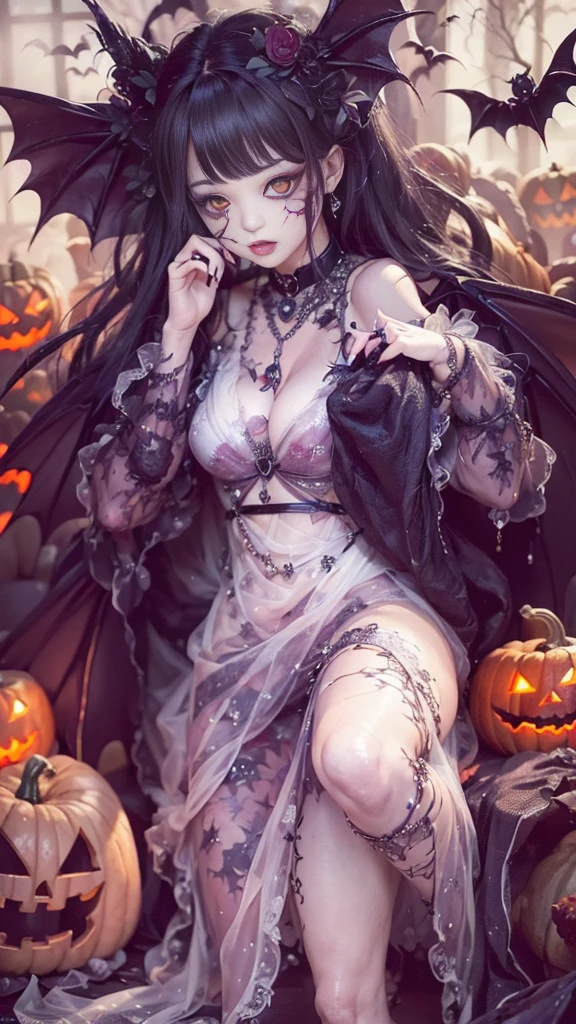 ((hyperrealistic, photorealistic, 8k, intricate details)) A Gothic geisha, funeral queen, goddess of the dead, underworld lady, consort of death, femme fatale, with flowing hair, white eyes, fleshy lips (black lipstick) full breasts, silky pese, thick thighs, wearing a Gothic makeup (Santa Muerte), and a black sensual Gothic kimono with white lotus flowers, poses in a cemetery at night ((night, dark)) filled with tombstones,  and behind her a gigantic full moon shines illuminating at night.