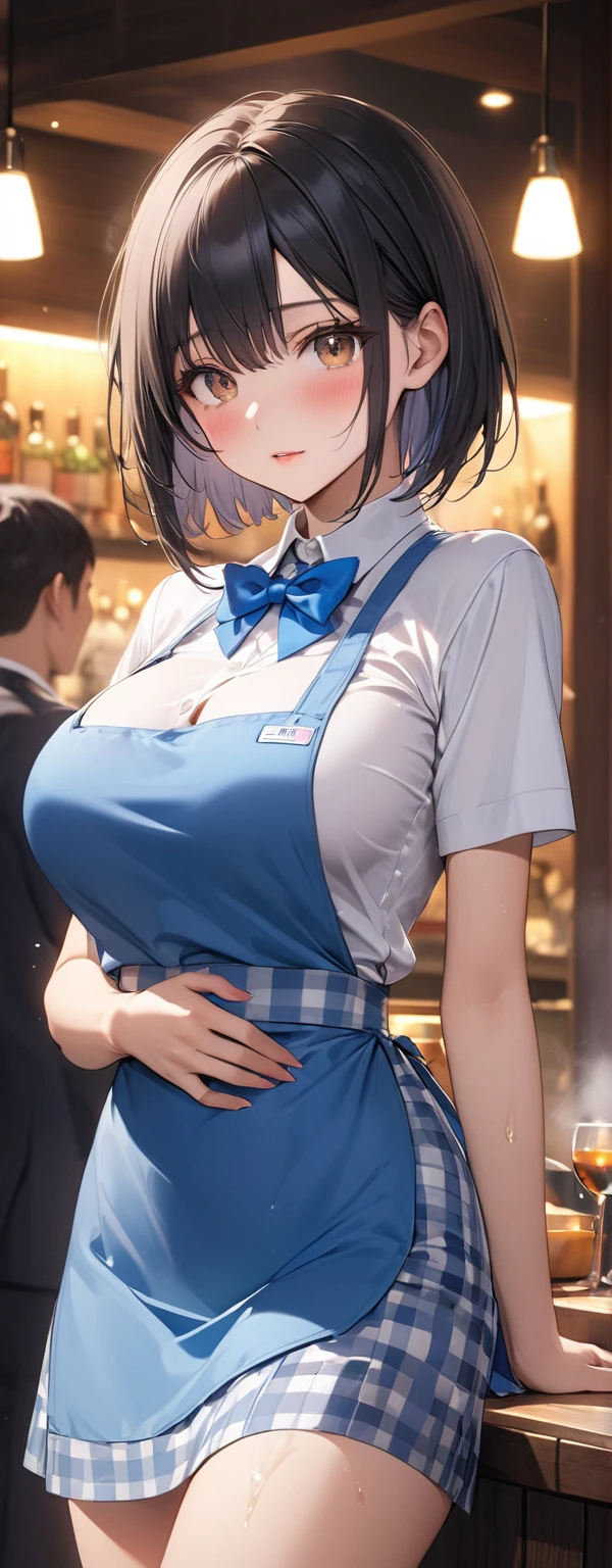 ((highest quality)),(ultra high resolution),(Super detailed),(detailed description),((best CG)),(best work of art),super precision art,amazing drawing art,(Fashion art with precise details:1.5), (adult women:1.6),(beautiful and well-shaped face:1.5),(big breasts:1.7),(((前屈みになり大きな胸をtableに乗せる:1.6))),(Short hair detailed and detailed:1.6),(sleeveless shirt:1.7),earrings, table:1.4,vase