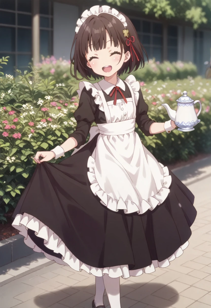 Walking on the prairie。Flat chest。Wearing stockings、Very smiling。 is laughing。 from the front 。 maid, holding a teapot in her right hand。Four-leaf clover on clothes 。 large red ribbon barrette 。 short hair。 LONG SKIRT 