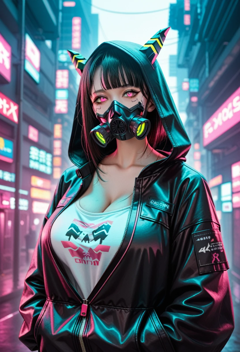 score_9, score_8_up, score_7_up, looking at viewer, jacket, upper body, horns, hood, pink eyes, black jacket, mask, glowing, hooded jacket, hood up, zipper, cable, leather, gas mask, cyberpunk, tube, cyberpunk anime art, cyberpunk anime woman, best konachan 4k anime wallpaper, mech cyberpunk anime woman, cyberpunk anime woman, cyberpunk anime art, 4k anime style, digital cyberpunk anime art, anime woman cyberpunk with hoodie, 4k anime wallpaper, 4k anime wallpaper, cyberpunk anime, huge breasts 