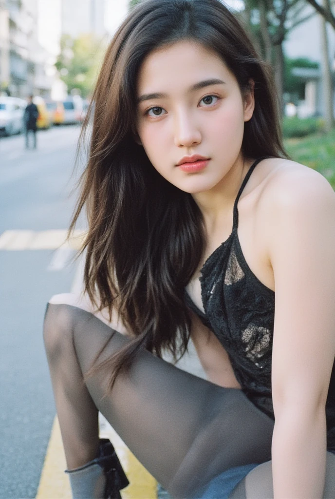 best quality, film grain, soft lighting, photorealistic,  a beautiful 18 age years old cute Korean girl, korean instagram beauty, celebrity, black_pantyhose, (((open legs))), high heels, panties, street, outdoors,  city,