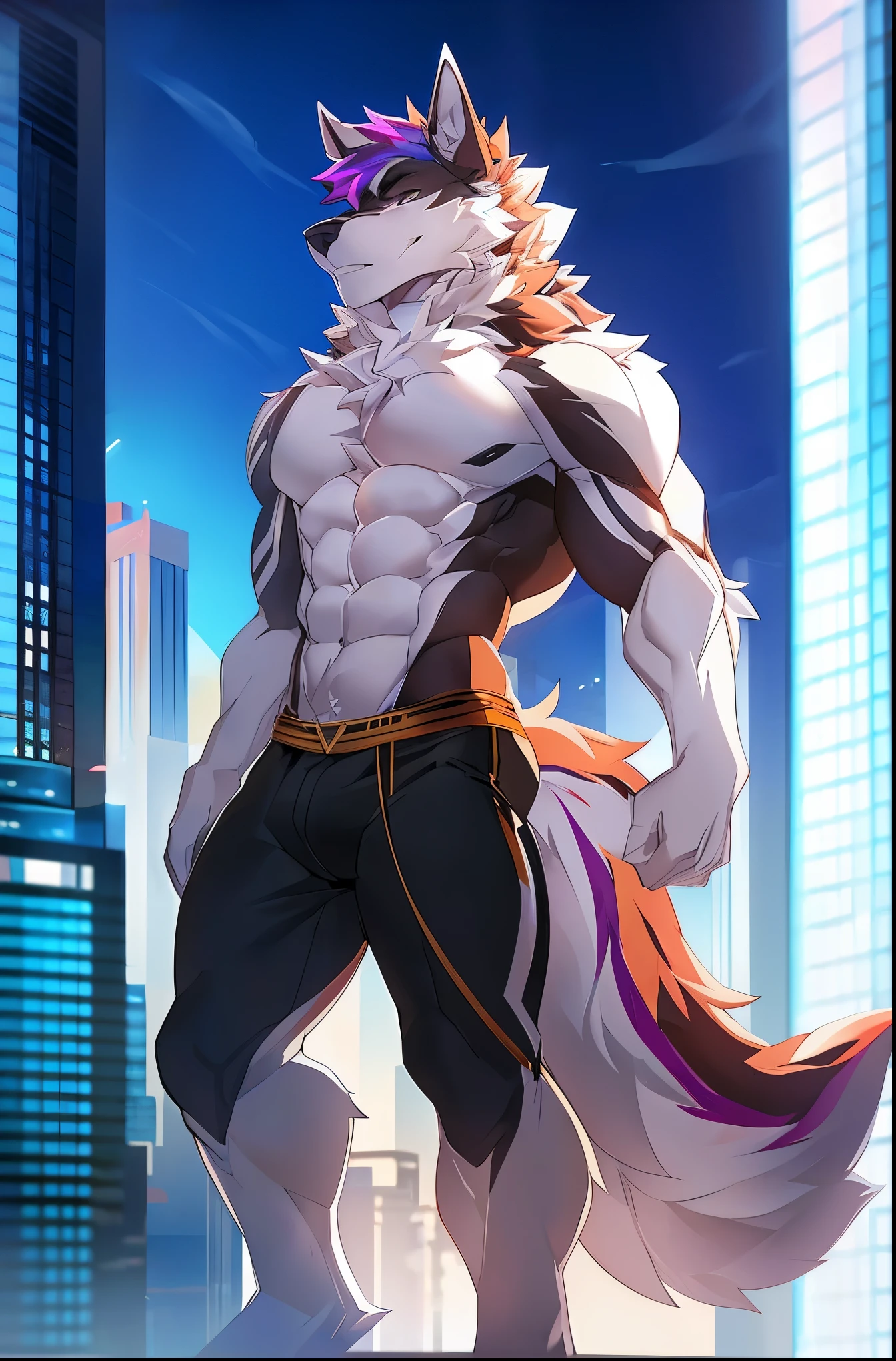 ((Solo)), male people, anthro wolf, (Multi-colored fur, White tail pointed), (Height 3meters,Tail length 2meters), Abs, pinginuscular, A long big tail, by patto, modern city