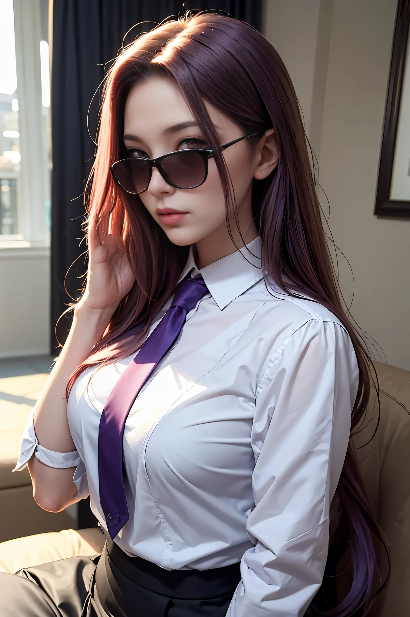 highest quality,masterpiece,High resolution,only,{Black business suit:1.40},{tie:1.20},{sunglasses:1.25},{White gloves:1.15},{ White shirt:1.10}, {Black Skirt:1.15}, good looking, {Medusa_FGO:1.15}, length_hair, purple_hair, very_length_hair, purple_eye, chest, big_chest,