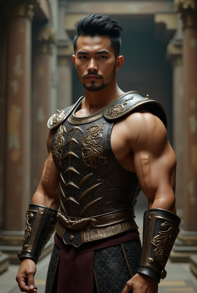 (((mtu))), (((best qualityer))), (((tmasterpiece))), (((AS-Adult))), ((( Japanese ))), Look up from your knees, Handsome Asian samurai,perfect body figure, Modern samurai, ((( Asian))), Wear gloves on your hands,The left arm is made of steel and metal tips,Made of protective devices, The eyes are pulled, (( Appears below the chest )), (( Small dental floss )), Simon Bisley, Almost naked(Simon Bisley)Castle City Wilderness,For high-resolution posters, hair straight, Minimum clothing, armure (Crazy clothes ), Full of tips and rivets, tribal tattoos, (((full bodyesbian))), Straight brunette hair,Colored hair ends
