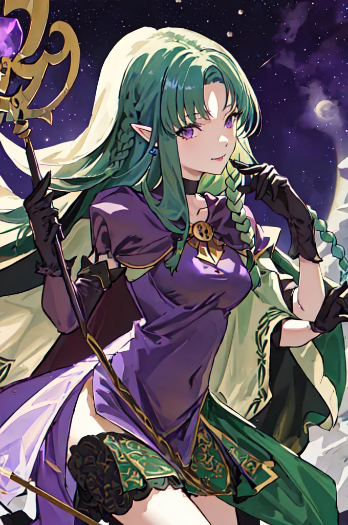 Best Quality, masterpiece,  high definition, Alone, {Medea_fgo:1.15}, pointy _ear, length_hair, green_hair, green_eye,  braided , side_ braided , breast,  1 girl,  dress, Gloves, holding, holding_staff, purple_ dress, purple_eye, smile, staff,  choker,  staring _in_ viewers, length_ dress, black_Gloves, Cape, length_sleeves, very_length_hair