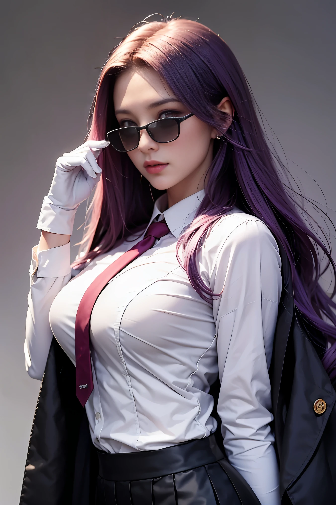 highest quality,masterpiece,High resolution,only,{Black business suit:1.40},{tie:1.20},{sunglasses:1.25},{White gloves:1.15},{ White shirt:1.10}, {Black Skirt:1.15}, good looking, {Medusa_FGO:1.15}, length_hair, purple_hair, very_length_hair, purple_eye, chest, big_chest,