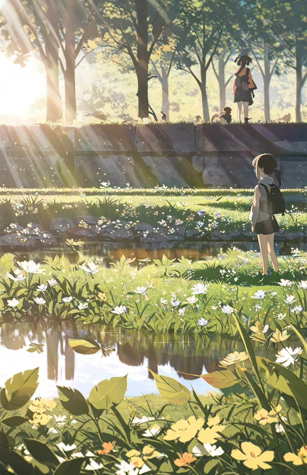 1 child， Brown Slanted Ponytail ，，水中Reflection，Overlooking， characters at the bottom of the picture，Sunlight，Light Particles，Movie Lighting，grassland，Flowers，Creek，Reflection，Movie Lighting，Sense of atmosphere， ray tracing， lush leaves ，Beautiful light and shadow，Beautiful atmosphere 