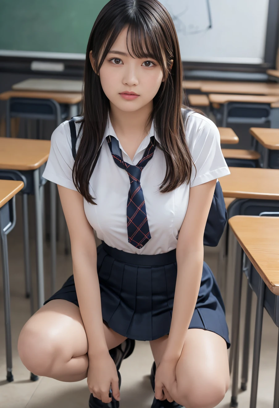 1 female、(super beautiful)、(beautiful face:1.5)、(adult face)、18 year old high school girl、(white panties:1.2)、spread your legs to the side、(high school uniform)、(navy pleated skirt)、school sweater、brown hair、put on makeup、classroom chairs、(At SFW:1.7)