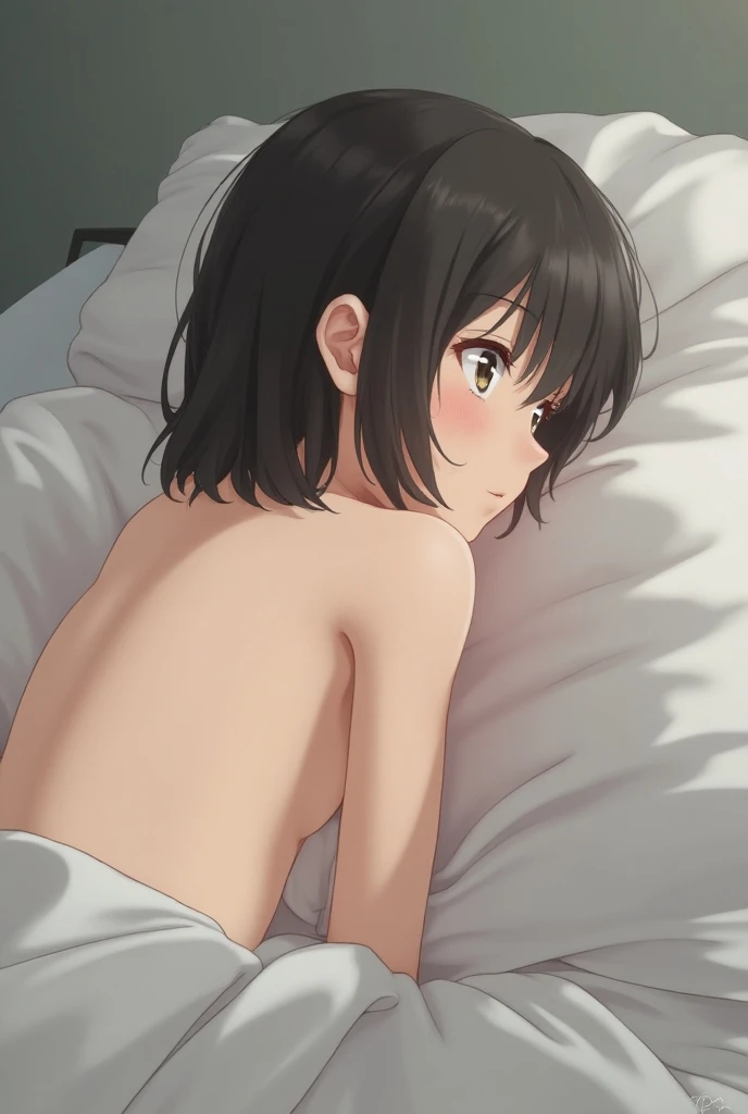 Highest quality、Realistic、、zoom、Primary school students、man、cute、Light grey eyes、Black Hair、short hair、Tanned brown skin、Dark Skin、Upper body naked、White briefs、Flat Chest、、thin、、bed、