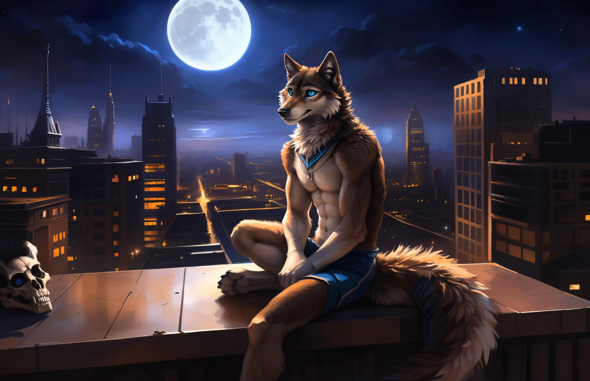 ((Solo)), male people, anthro wolf, (Multi-colored fur, White-brown:1.3), ((Wolf face, Big eyes, White eyelids, Blue pupil, Slim:1.2) (Tough, Calm expression:1.2)), (Height 2.1 meters,Tail length 1.5m), Abs, Slim, pinging, (Correct anatomy), (Contour bone:1.2), The upper body is naked, (detailed outfits), a long large tail,Feet,(Realistic fur, Detailed fur texture, labeled:1.3)), (Natural lighting), Photorealistic, Hyperrealistic, ultradetailed, by Kenket,In the modern city,Roof,the night,Sit alone,Look at the full moon,It was dark,Starry