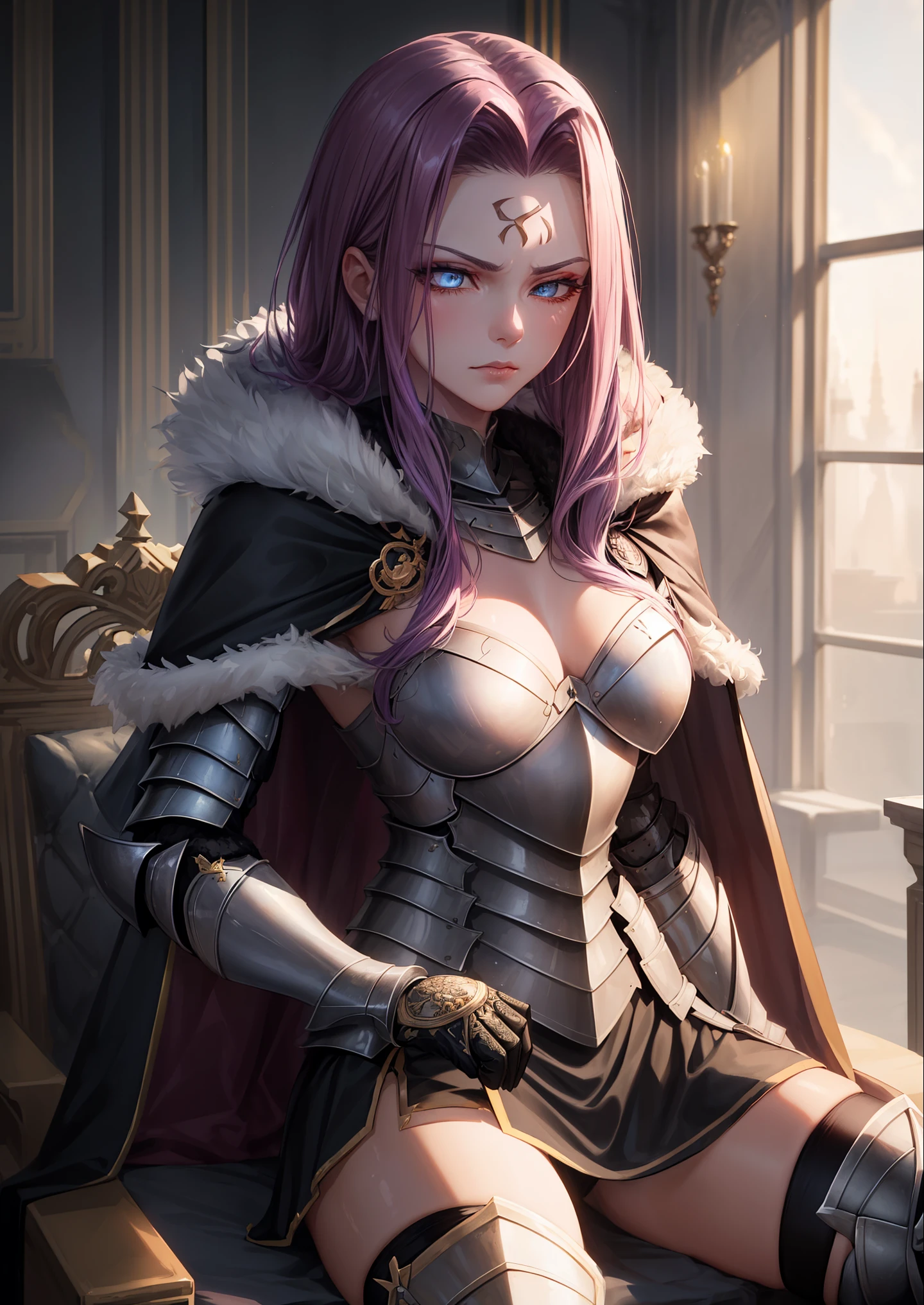 good looking, {Medusa_FGO:1.15}, length_hair, purple_hair, very_length_hair, purple_eye, chest, big_chest,
BREAK ((armor, armored dress, black thighhighs, cape, dress, fur trim, fur-trimmed cape, scowl, sheath, short dress, thighhighs, torn clothes:1.5)),
BREAK sitting on the throne, eyes slightly closed, head down, (shy: 1.2 ), (makeup), high contrast, (best illumination, an extremely create and beautiful),
BREAK (masterpiece:1.2), best quality, high resolution, unity 8k wallpaper, (illustration:0.8), (beautiful detailed eyes:1.6), extremely detailed face, perfect lighting, extremely detailed CG, (perfect hands, perfect anatomy),