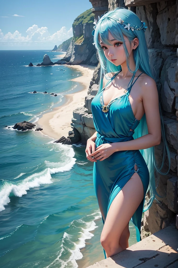 Summer coastline in the evening、I can see the horizon、A lighthouse in the distance、A very beautiful sight、There、Woman with long blue hair、 turquoise rather than blue、Very elegant 、 the greatest goddess of hot water 