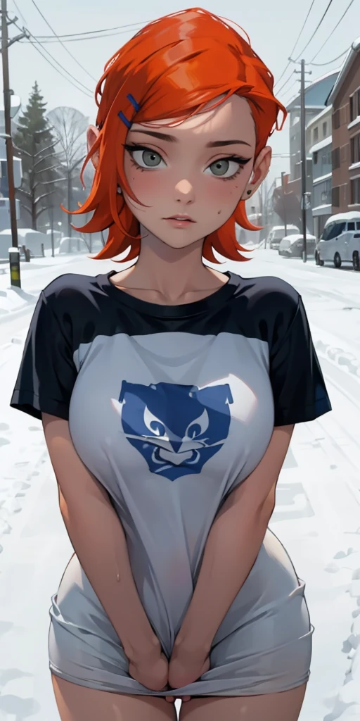 (masterpiece, best quality), 1girl, beautiful face, gwendolyn_tennyson, breasts, wearing only an oversized t-shirt revealing her pussy, detailed face, playing in the snow