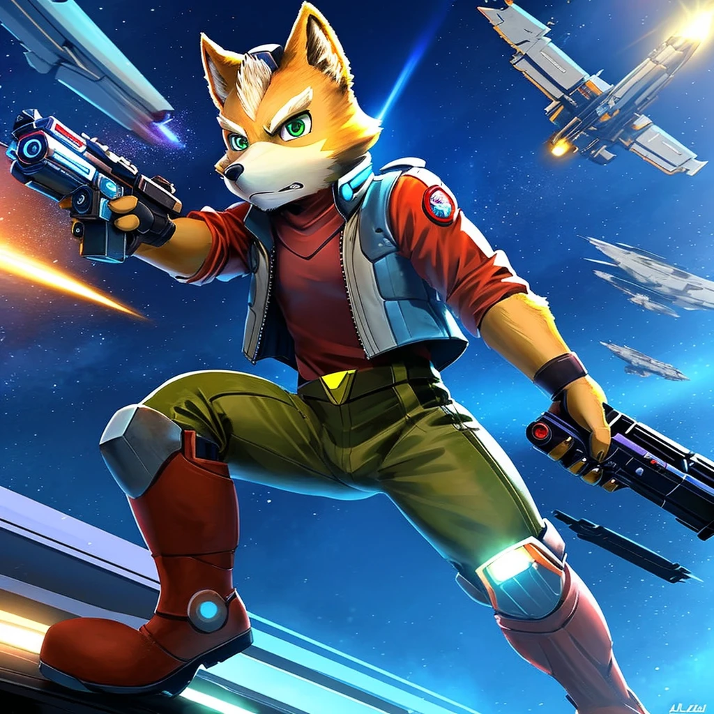 fox mccloud,anthro,furry,solo male, wear (shining argent jacket,red shirt,futuristic boots),holding gun,dynamic picture,combat situation,worried face,detailed body,detailed furr,cinematic lights,space fighters in the background,view from low,masterpiece,best quality 