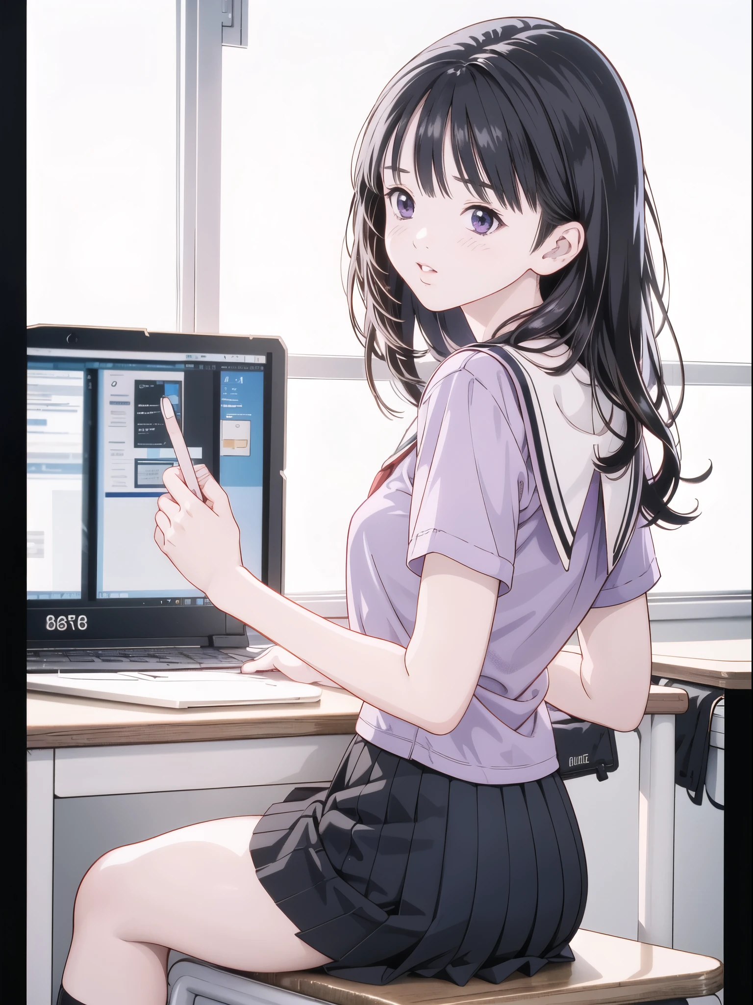 frame in, from right in front of face and body, view straight on, upper body, High quality, very high res, High quality, very high res, cute girl, brown hair, forehead, blunt bangs, bob cut, blush, Brushed up bangs, wearing a plain t-shirt, upright, pleated skirt, work desk, sitting in a work chair, hands on thighs, smile, leaning forward, press breasts together, at office