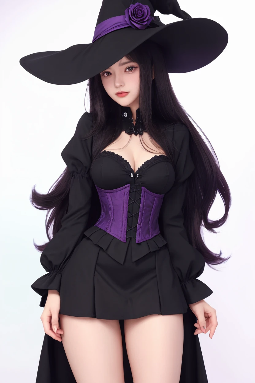 ((top-quality:1.3、8K、masterpiece))、1girl in、Detailed Face 1:3、kawaii faces、Beautiful face、A detailed eye、a smile、Pretty Woman、full bodyesbian、the witch、magia、darkened room、A pink-haired、long boots、white-purple hair、magic wands、Magic Hat、Harry potter、Dark colored clothes、skirt by the、Less exposure、