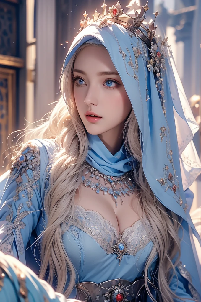 Erect nipples, wearing a hijab , luxury hijab,crown luxury , blue eye, blond hair, around , (red ), tmasterpiece，Best quality at best，A high resolution，8K，((Portrait))，(upper body)，Original photo，real photograph，digital photography，(Female princess in the medieval fantasy style), sexy princess ，blue eye， super colossal breast, round colossal breast ，open kissing lips，Keep your mouth shuegant and charming，((Blushing))，virgin contempt，Calm and handsome，(Medieval fantasy dress，The Beautiful super huge round breast, small waist, perfect colossal breast of princess body, a blue delicate pattern，silver Cloak)，(princes medieval character medieval fantasy style，oc render reflection texture, fighting style,  sexy colossal breast , medieval castle background, slim body, very small waist, 