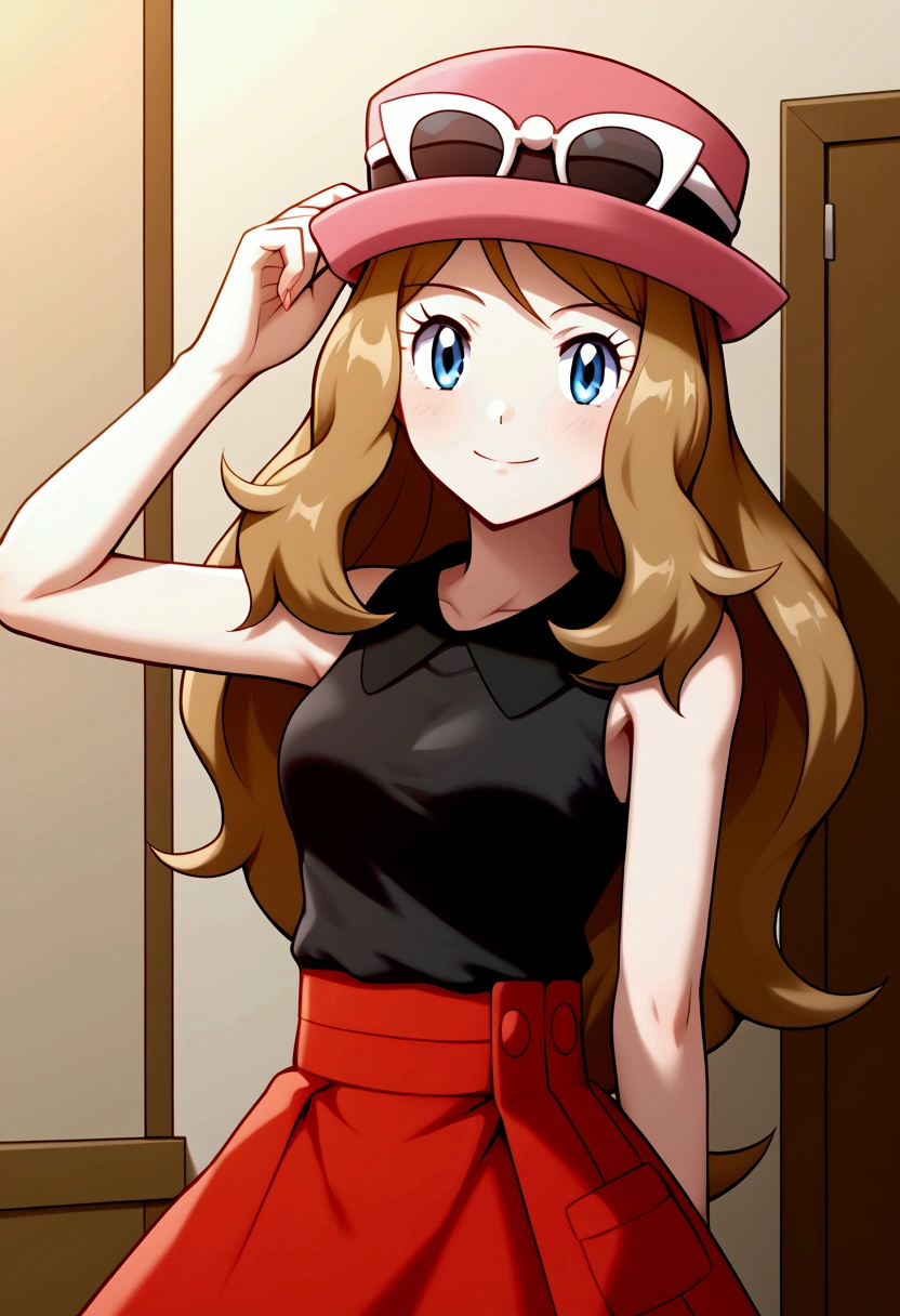 serena, long hair, blue eyes, brown hair, eyewear on head, hat, skirt, sunglasses, shirt, black shirt, sleeveless, red skirt, pink hat, stand, Confident pose, Room, Displeased face