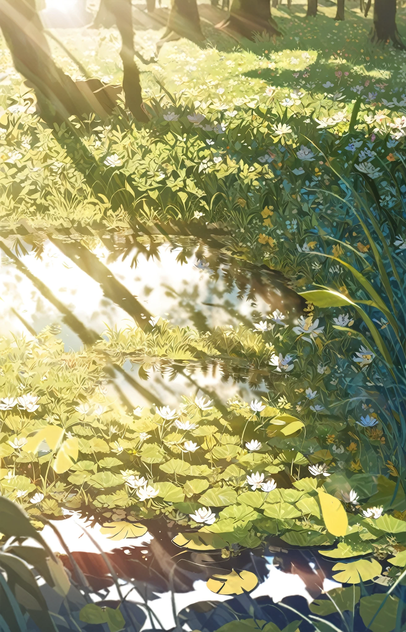 1 child， Brown Slanted Ponytail ，，水中Reflection，Overlooking， characters at the bottom of the picture，Sunlight，Light Particles，Movie Lighting，grassland，Flowers，Creek，Reflection，Movie Lighting，Sense of atmosphere， ray tracing， lush leaves ，Beautiful light and shadow，Beautiful atmosphere 