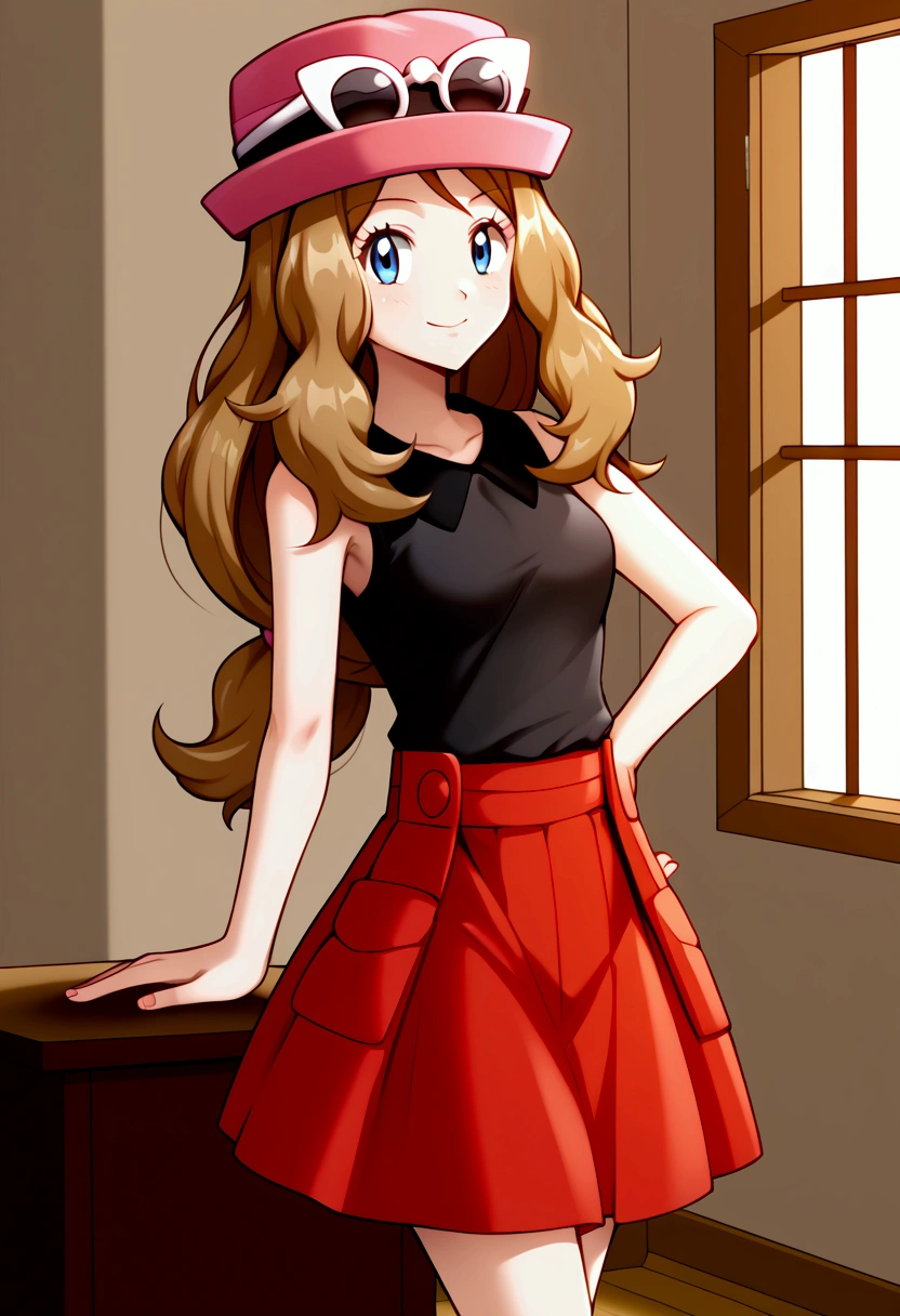 serena, long hair, blue eyes, brown hair, eyewear on head, hat, skirt, sunglasses, shirt, black shirt, sleeveless, red skirt, pink hat, stand, Confident pose, Room, Displeased face, Beautiful view, good atmosphere