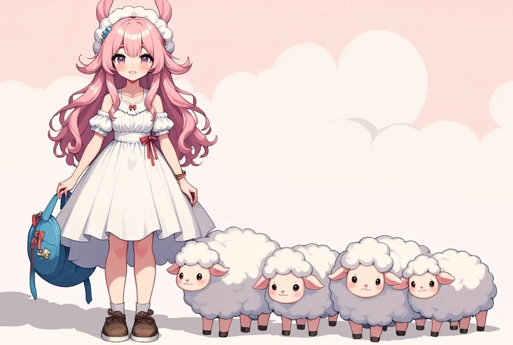 2D illustration:1.3, Flat illustration:1.3, wallpaper, (Line art:2.0), ( manga style :2.0), ( Cute Illustration :2.0),  woman in a fluffy dress  , 1 female, Sheepskin ,  pink fluffy hair, Long Hair,  sheepskin hair  , Pink Hair,  thick eyebrows, Big Eyes， Sheep's ear, Woman standing at the left end of a straight line:2.0, The round sheep on the right is ４They stand side by side:2.0, front view:1.5, UHD, masterpiece, best quality, high details:1.4, Incredible resolution