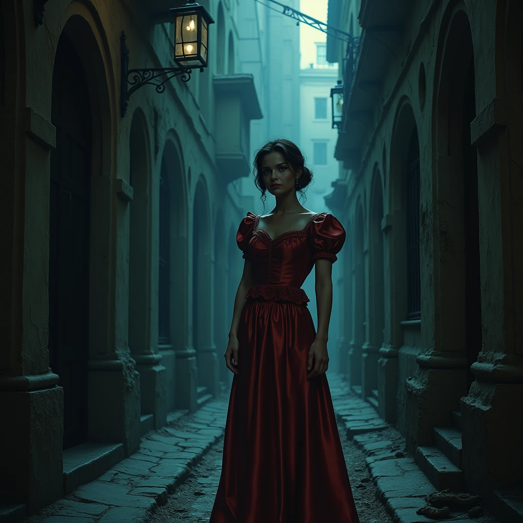 In a legendary haunted alley, a woman dressed in vintage clothing seems to be waiting for something. The colors are mainly composed of dark alleys and bright colors of women's clothing, with light and shadow creating a mysterious atmosphere. The details are reflected in the expressions of women and the surrounding ancient buildings.